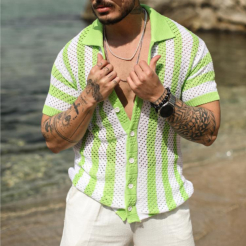 Men's Casual Loose-Fit Striped Polo Shirt