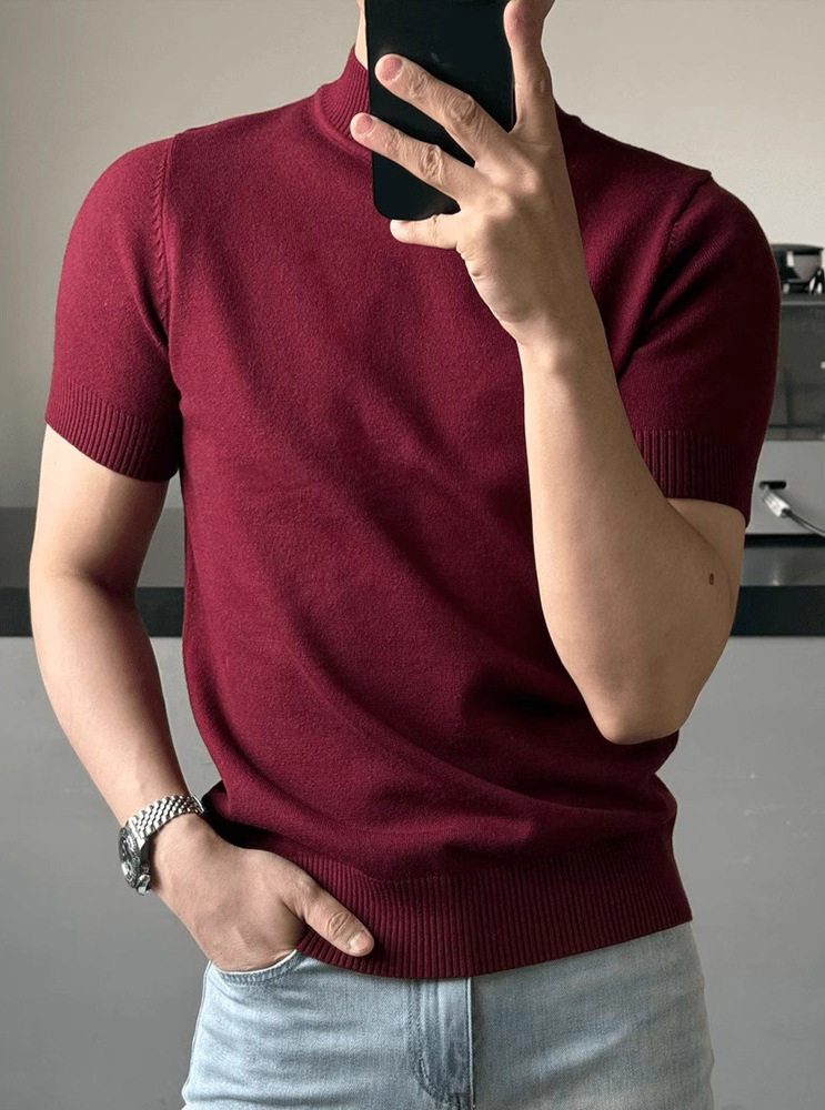 Men's British Business Slim Fit Turtleneck Short-Sleeved Sweater Solid Color Base Layer