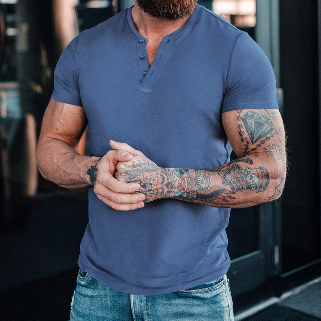 Summer Casual Solid Color Short Sleeve Round Neck Pullover Button Henley Shirt