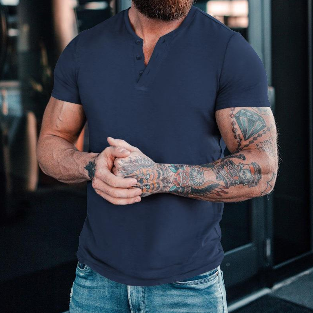 Summer Casual Solid Color Short Sleeve Round Neck Pullover Button Henley Shirt