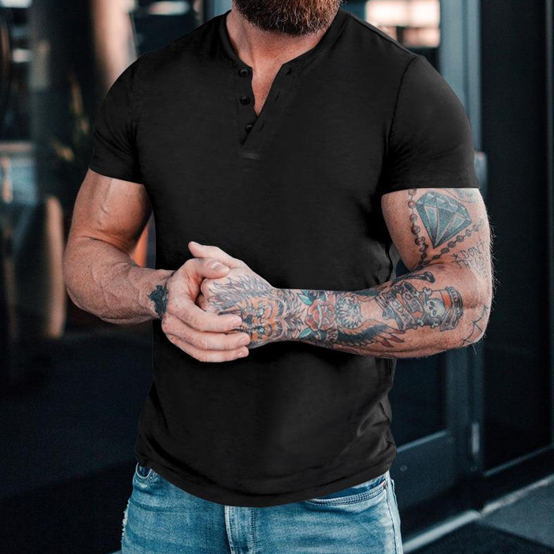 Summer Casual Solid Color Short Sleeve Round Neck Pullover Button Henley Shirt