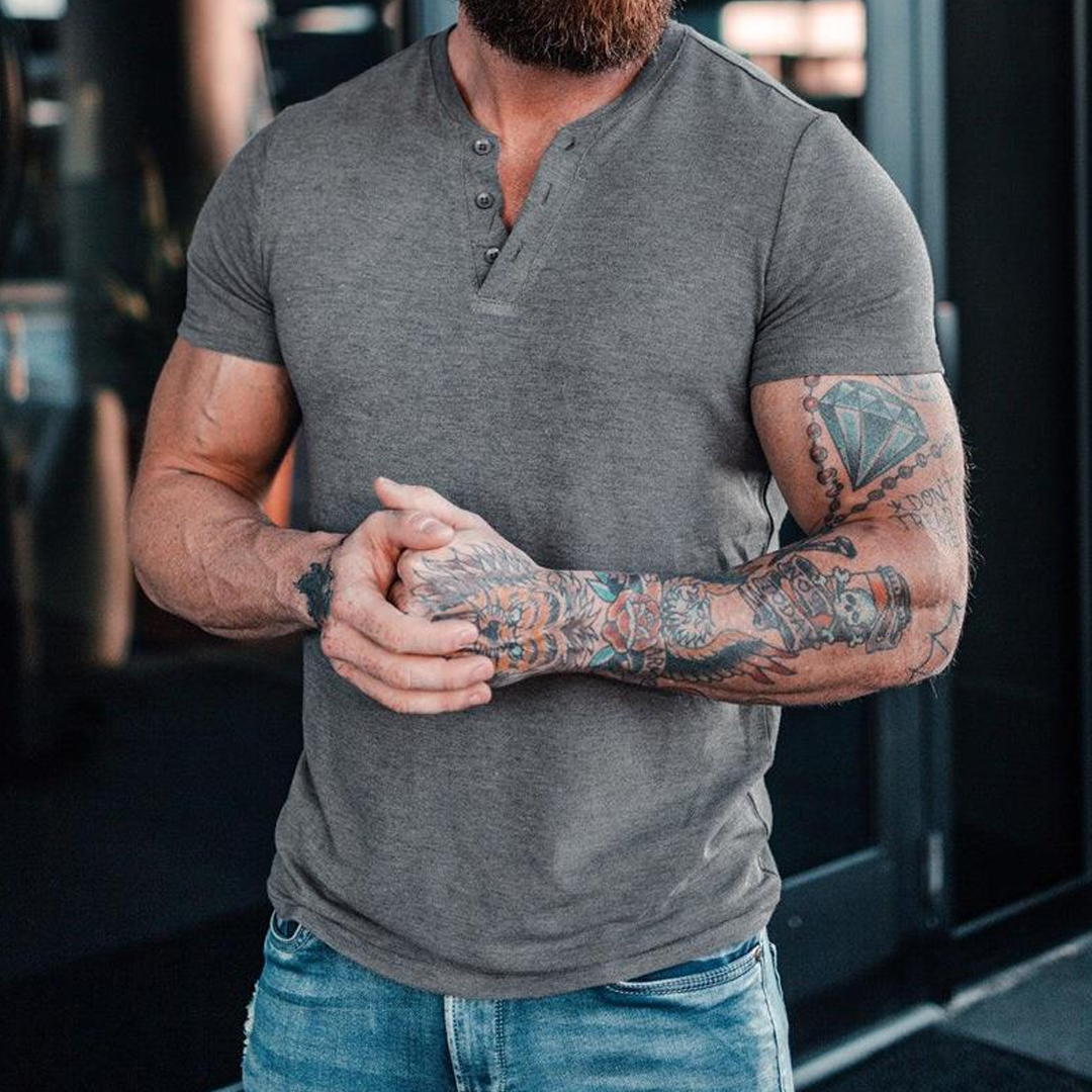 Summer Casual Solid Color Short Sleeve Round Neck Pullover Button Henley Shirt