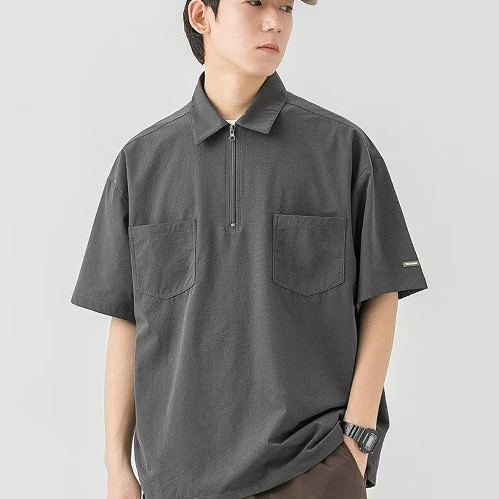 Polo Shirt Short Sleeve Summer Men's Casual Pocket Loose Lapel Bottoming Shirt Zipper Design
