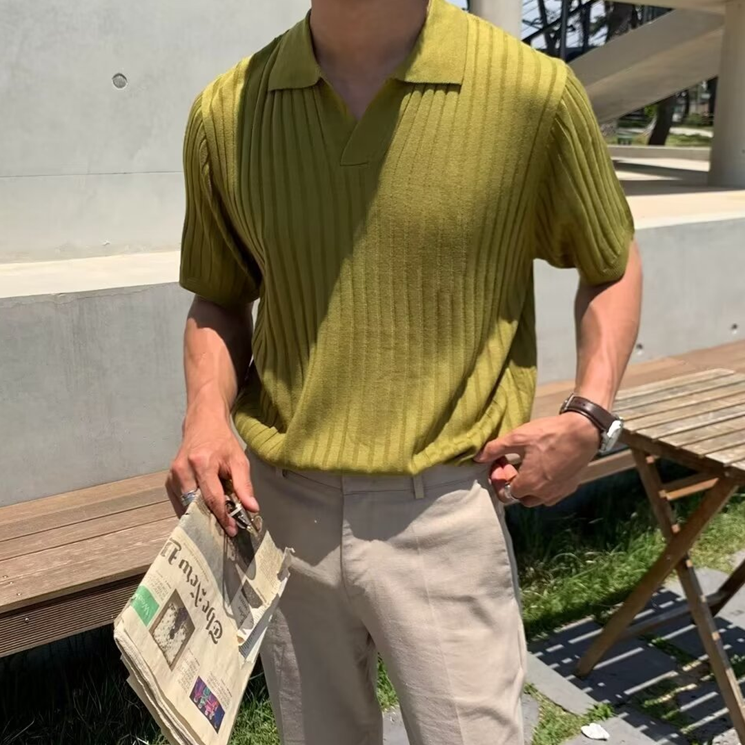 Fashion Casual Lapel Solid Color Polo Shirt Casual Knitted Short Sleeve Men Summer