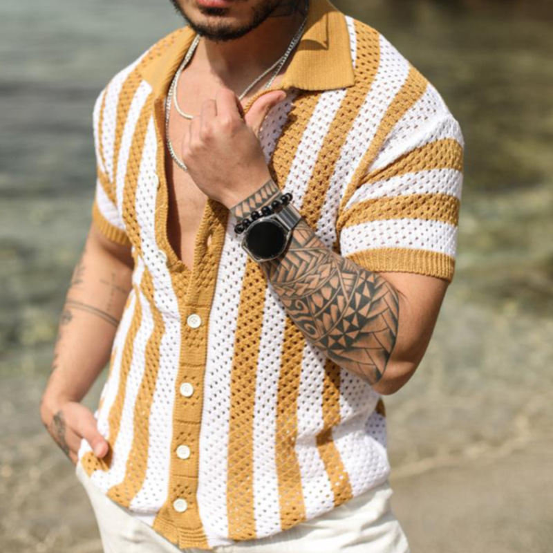 Men's Casual Loose-Fit Striped Polo Shirt