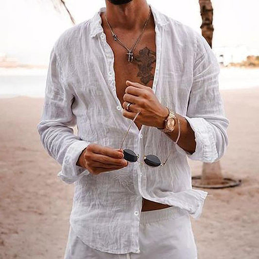 Men's Solid Linen Cotton Loose Shirt Breathable Button-Down Long Sleeve Top For Casual And Business Casual Looks