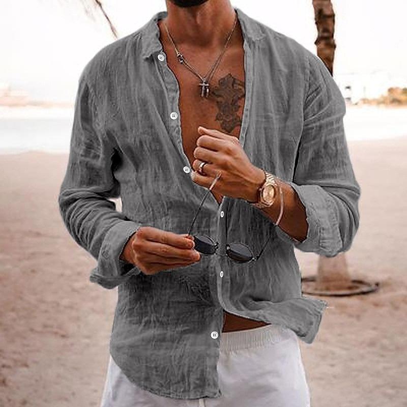 Men's Solid Linen Cotton Loose Shirt Breathable Button-Down Long Sleeve Top For Casual And Business Casual Looks
