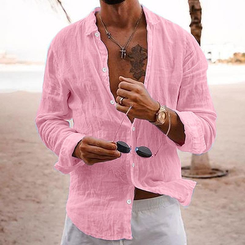 Men's Solid Linen Cotton Loose Shirt Breathable Button-Down Long Sleeve Top For Casual And Business Casual Looks