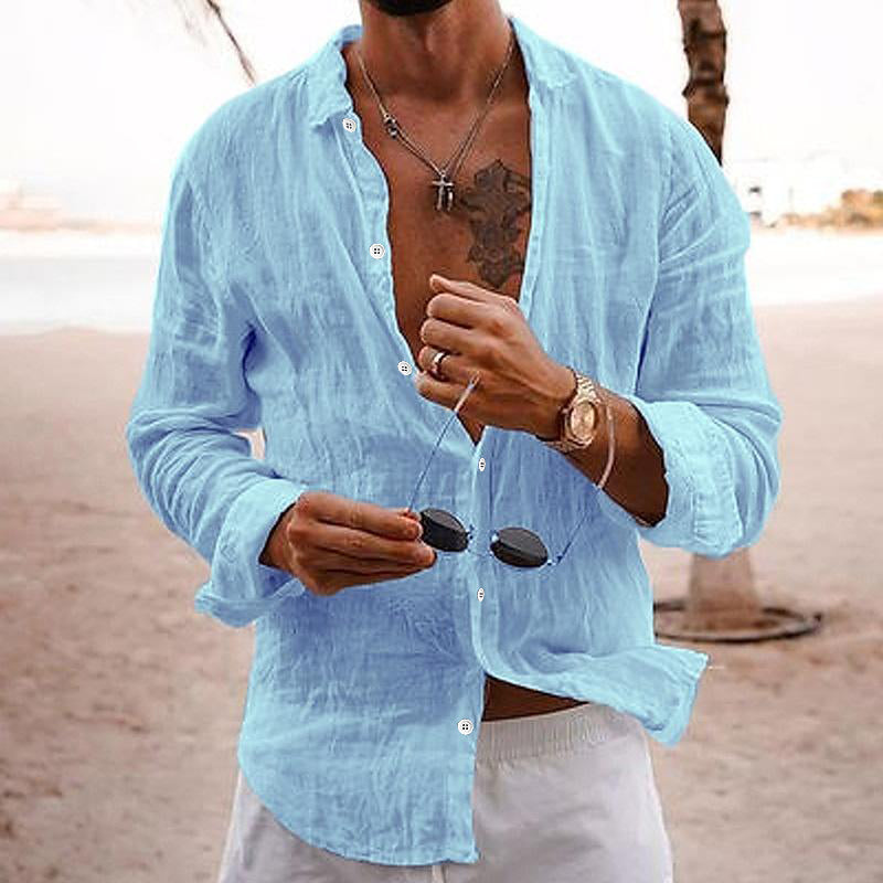 Men's Solid Linen Cotton Loose Shirt Breathable Button-Down Long Sleeve Top For Casual And Business Casual Looks