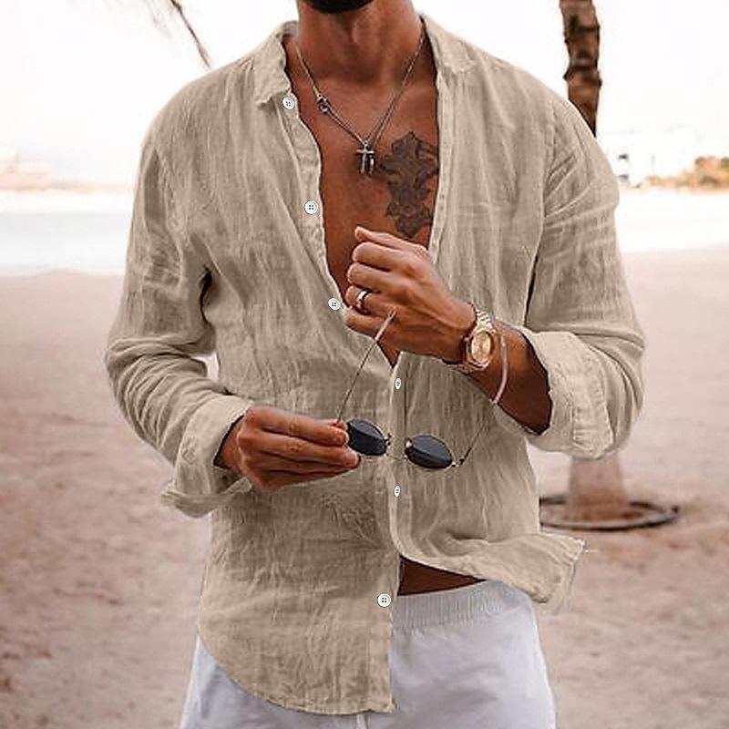 Men's Solid Linen Cotton Loose Shirt Breathable Button-Down Long Sleeve Top For Casual And Business Casual Looks