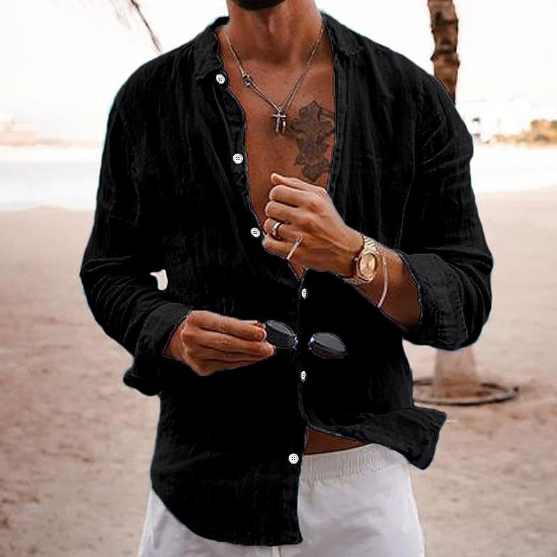 Men's Solid Linen Cotton Loose Shirt Breathable Button-Down Long Sleeve Top For Casual And Business Casual Looks