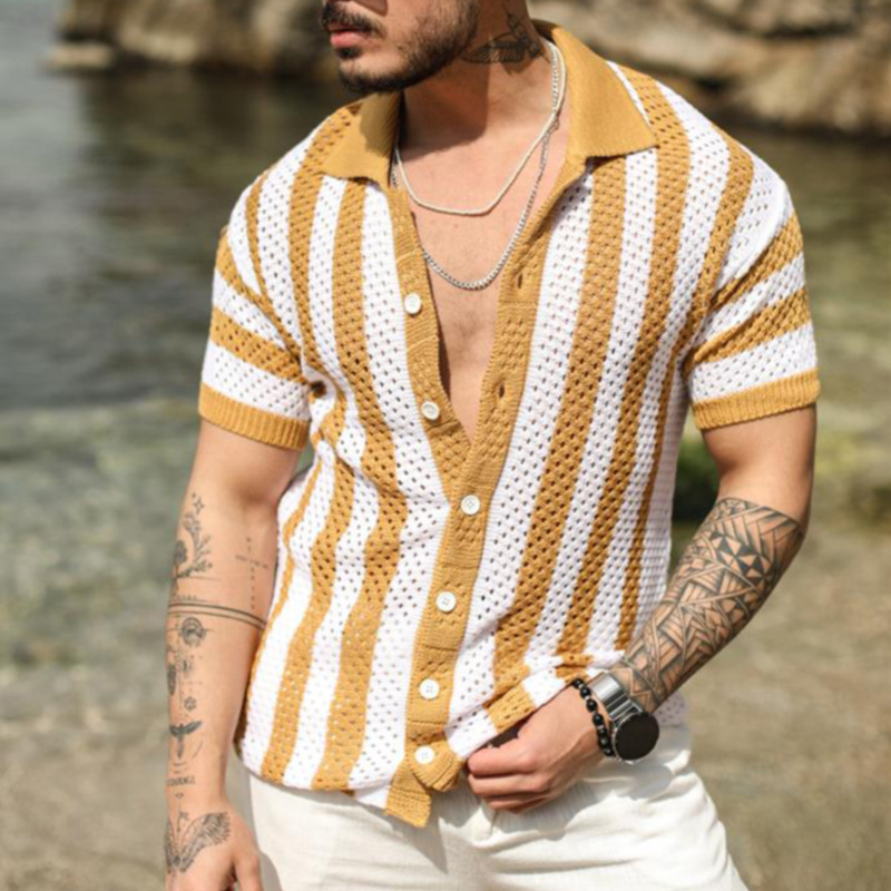 Men's Casual Loose-Fit Striped Polo Shirt