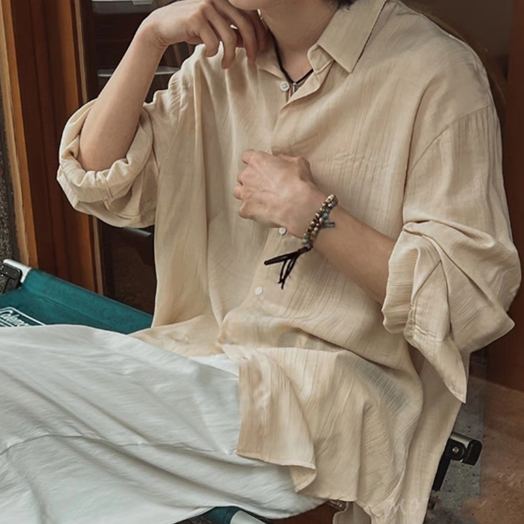 Men's Breathable Slim-Fit Wrinkle Shirt – Cotton-Linen Sun Protection Cardigan