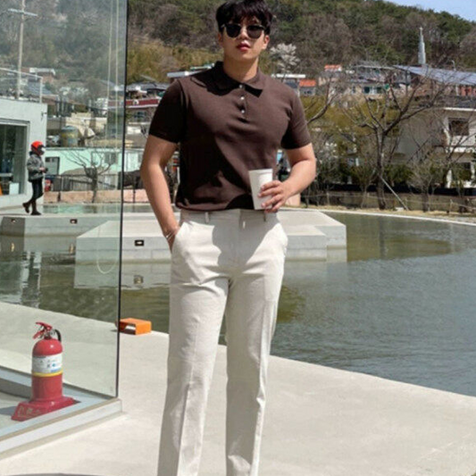 Knitted Short-Sleeved Henley Collar Polo Shirt Mature And Steady Men's T-Shirt