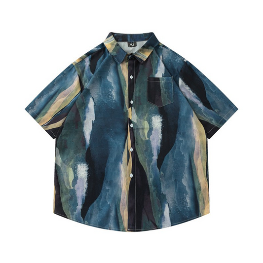 Summer Loose Versatile Tie-Dye Full Print Pattern Beach Resort Style Short-Sleeved Shirt