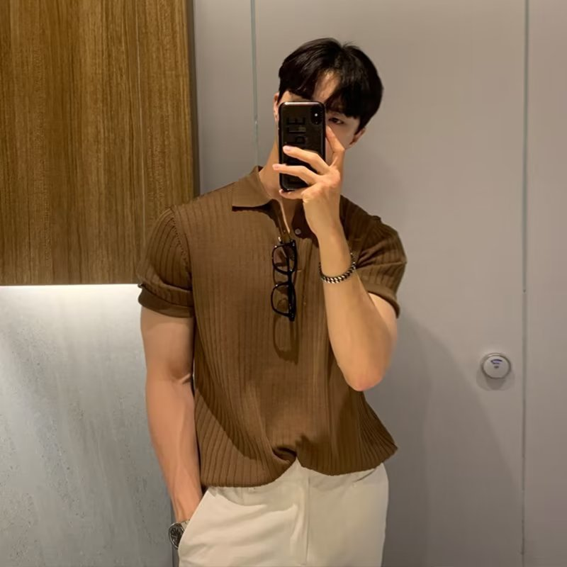 Summer Men's Casual Textured Solid Color Lapel Polo Shirt