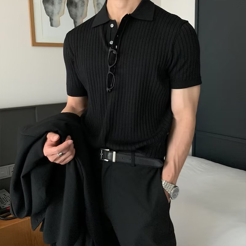 Summer Men's Casual Textured Solid Color Lapel Polo Shirt