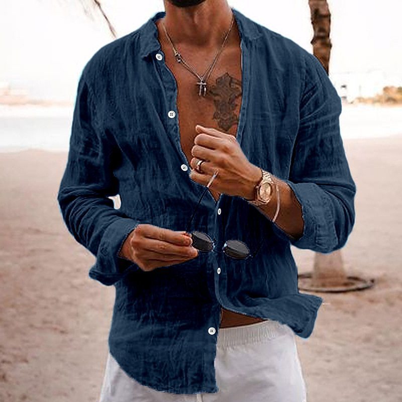 Men's Solid Linen Cotton Loose Shirt Breathable Button-Down Long Sleeve Top For Casual And Business Casual Looks