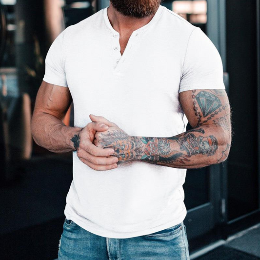 Summer Casual Solid Color Short Sleeve Round Neck Pullover Button Henley Shirt
