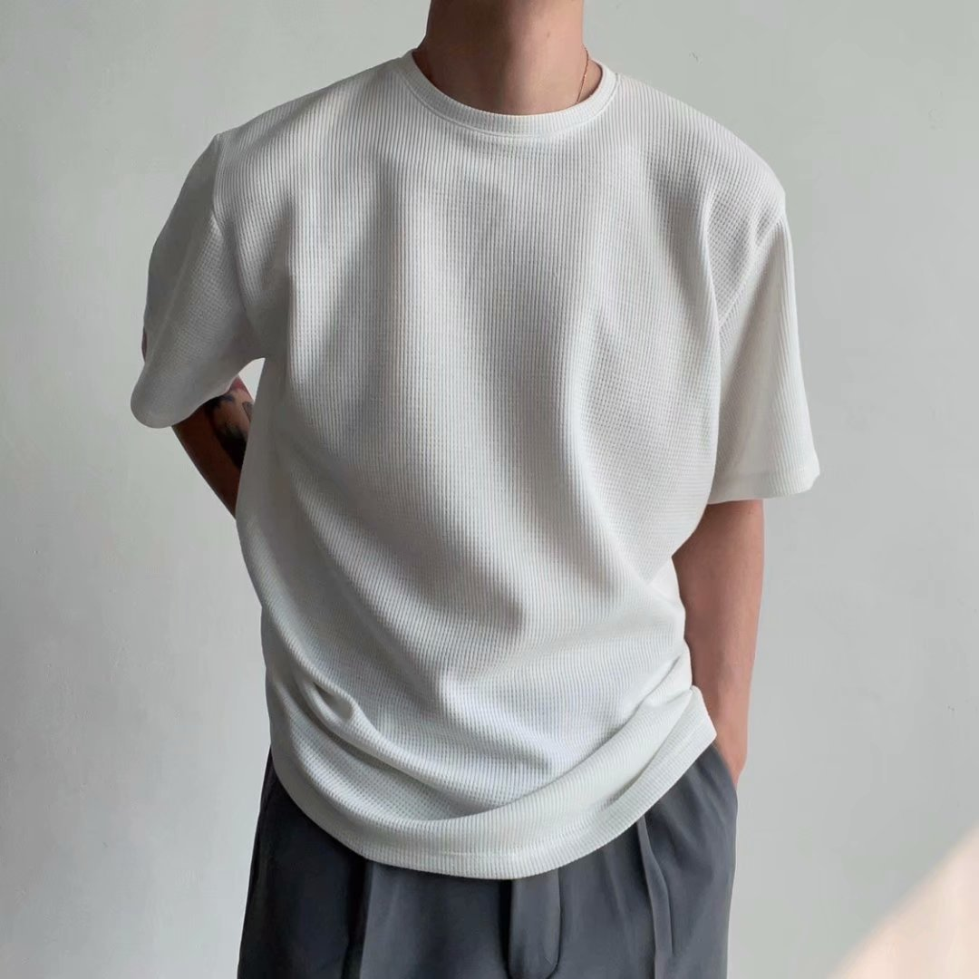American Retro Round Neck Knitted Waffle T-Shirt Loose Breathable Straight Shoulder Heavy Short Sleeves