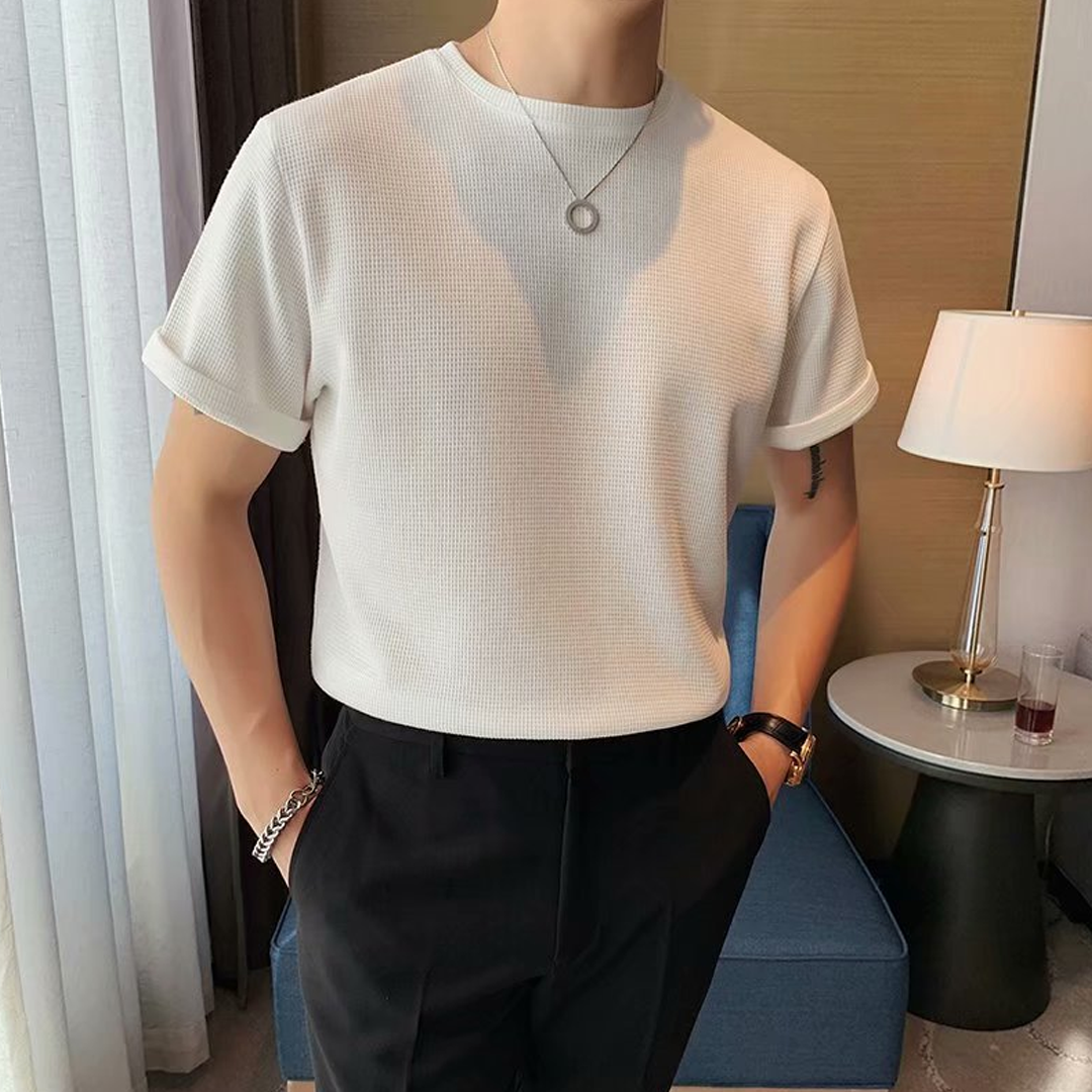 American Retro Round Neck Knitted Waffle T-Shirt Loose Breathable Straight Shoulder Heavy Short Sleeves