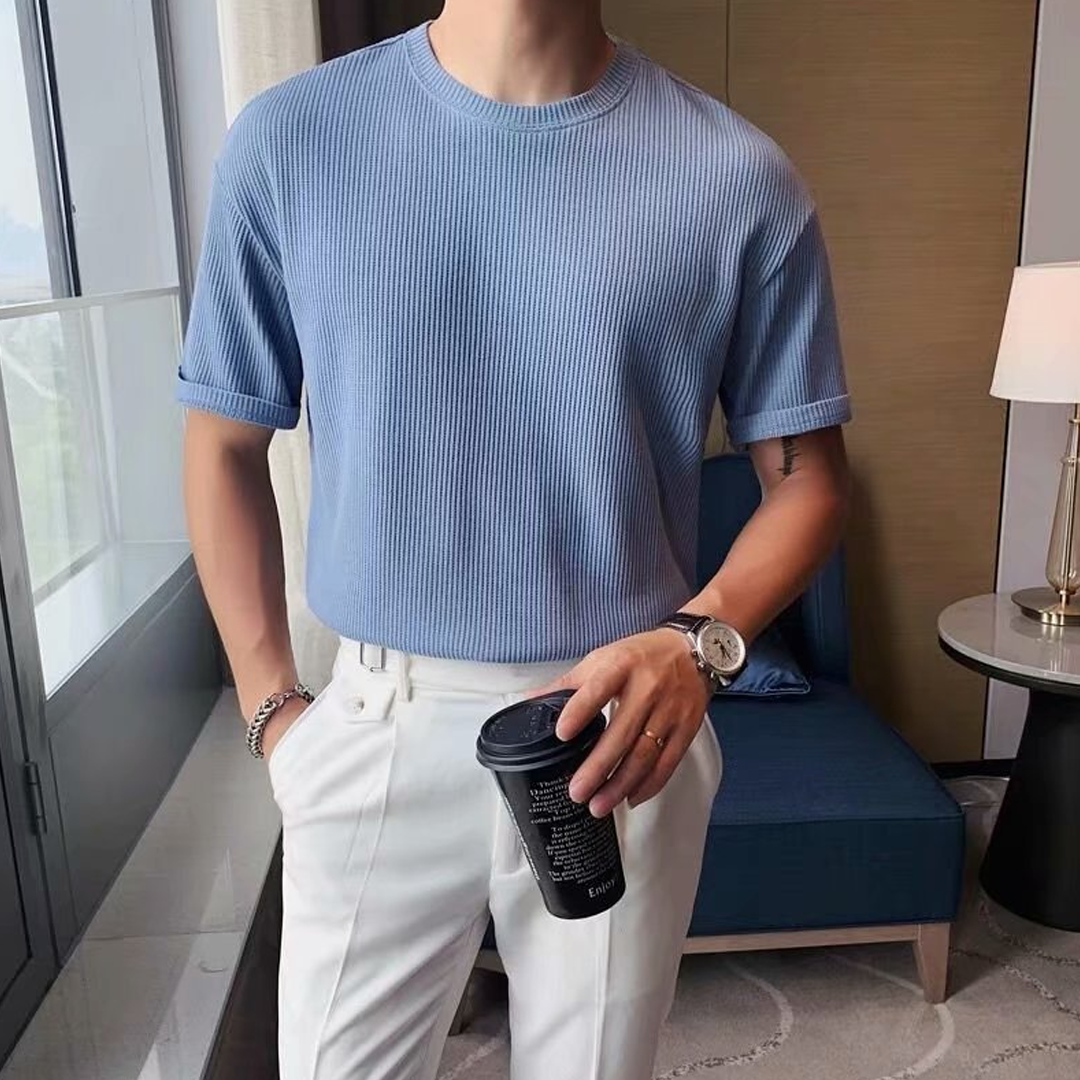 American Retro Round Neck Knitted Waffle T-Shirt Loose Breathable Straight Shoulder Heavy Short Sleeves