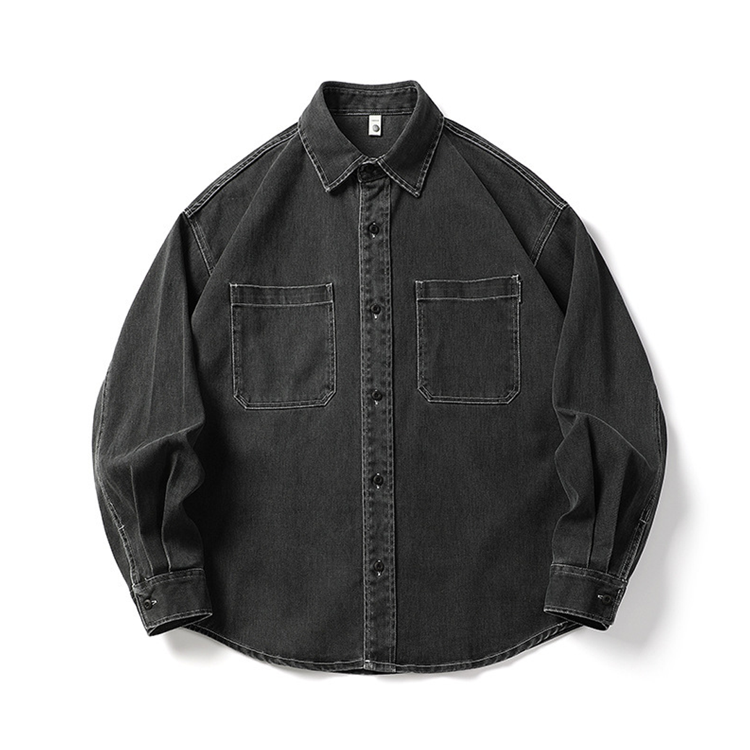 Men's Long-Sleeved Heavy Washed Distressed Lapel Casual Cotton Shirt Jacket