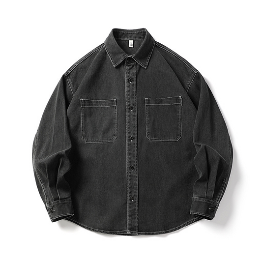 Men's Long-Sleeved Heavy Washed Distressed Lapel Casual Cotton Shirt Jacket