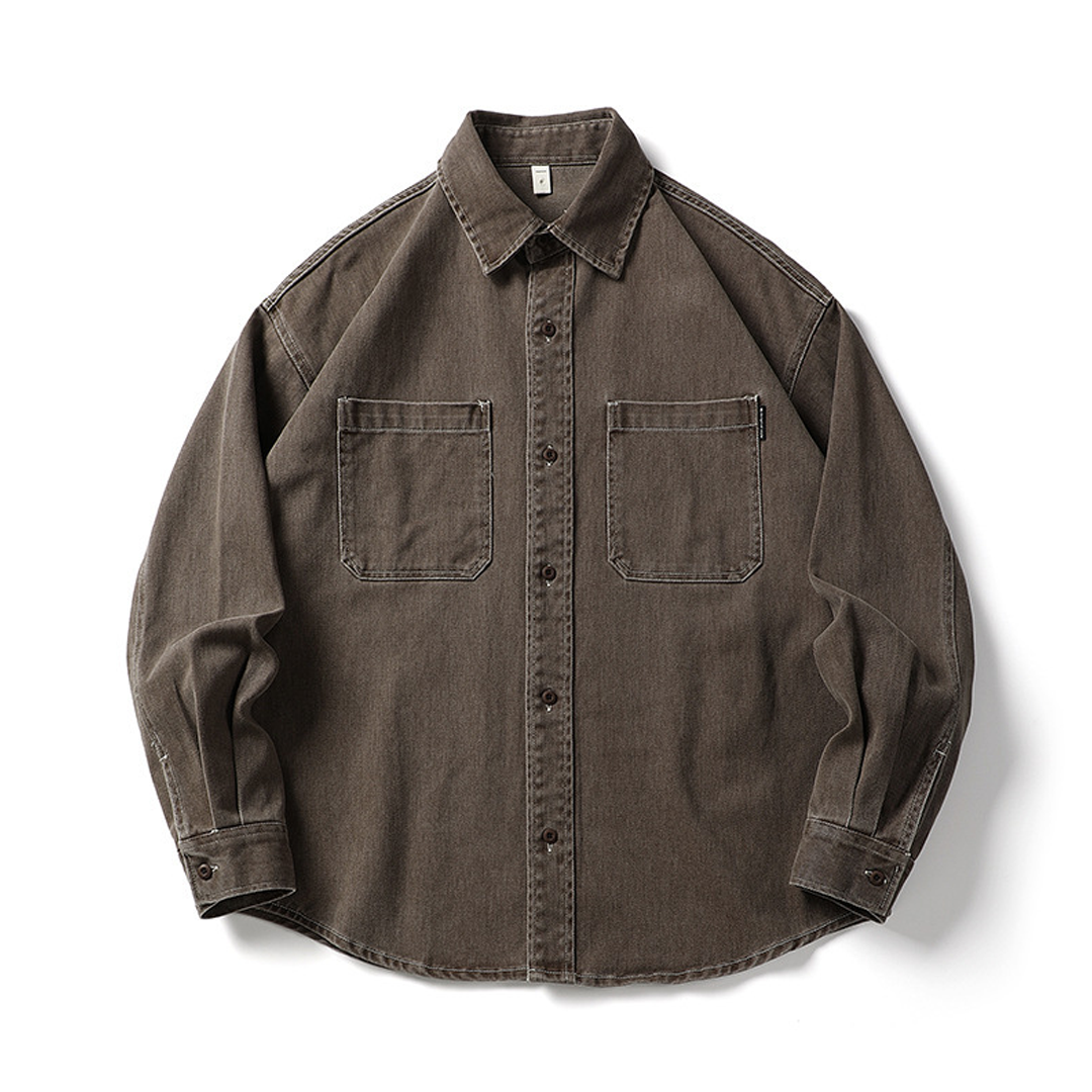 Men's Long-Sleeved Heavy Washed Distressed Lapel Casual Cotton Shirt Jacket