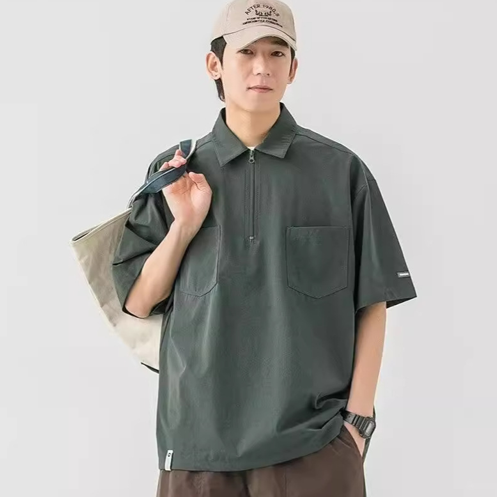 Polo Shirt Short Sleeve Summer Men's Casual Pocket Loose Lapel Bottoming Shirt Zipper Design