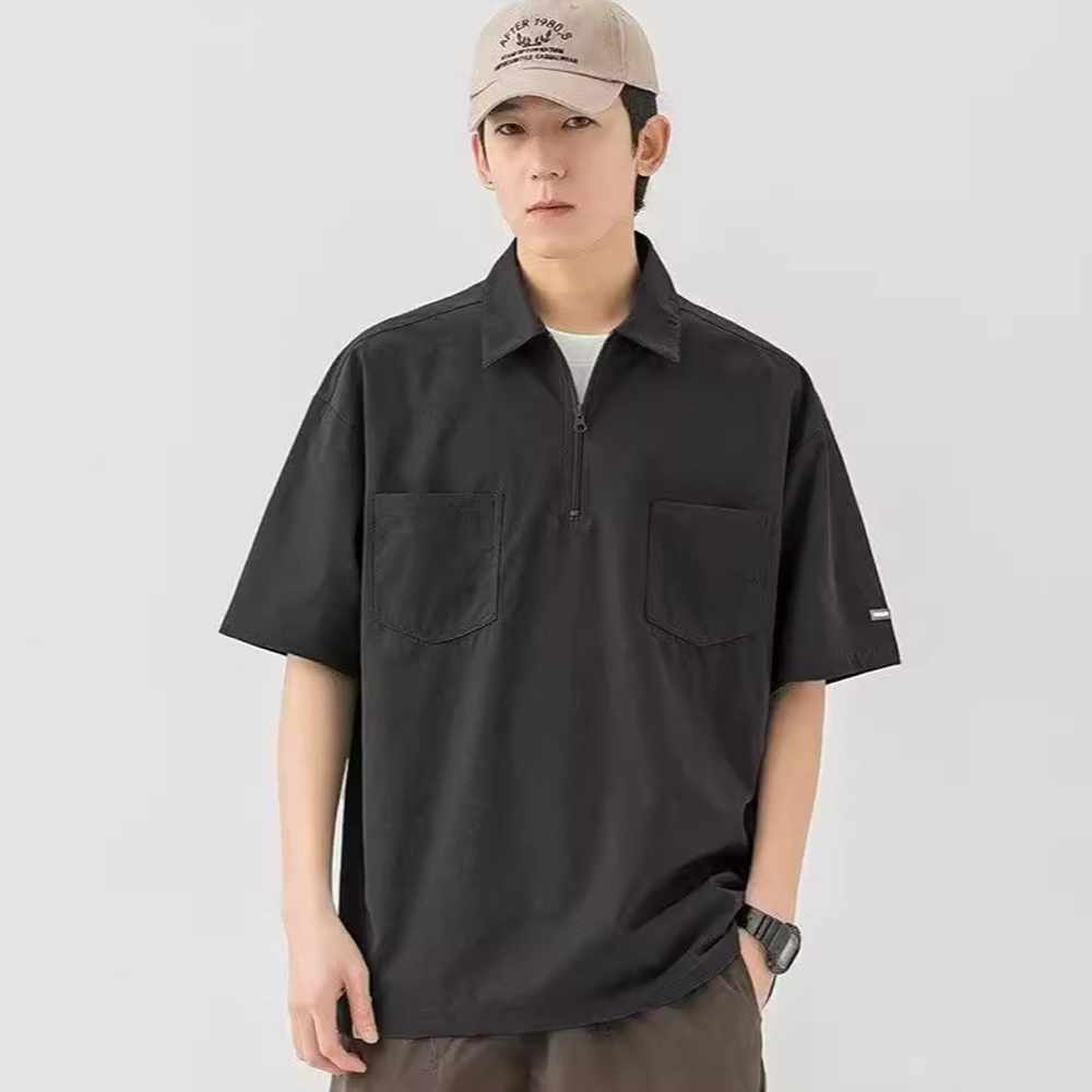 Polo Shirt Short Sleeve Summer Men's Casual Pocket Loose Lapel Bottoming Shirt Zipper Design