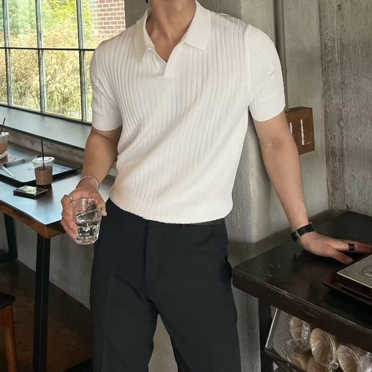 Fashion Casual Lapel Solid Color Polo Shirt Casual Knitted Short Sleeve Men Summer