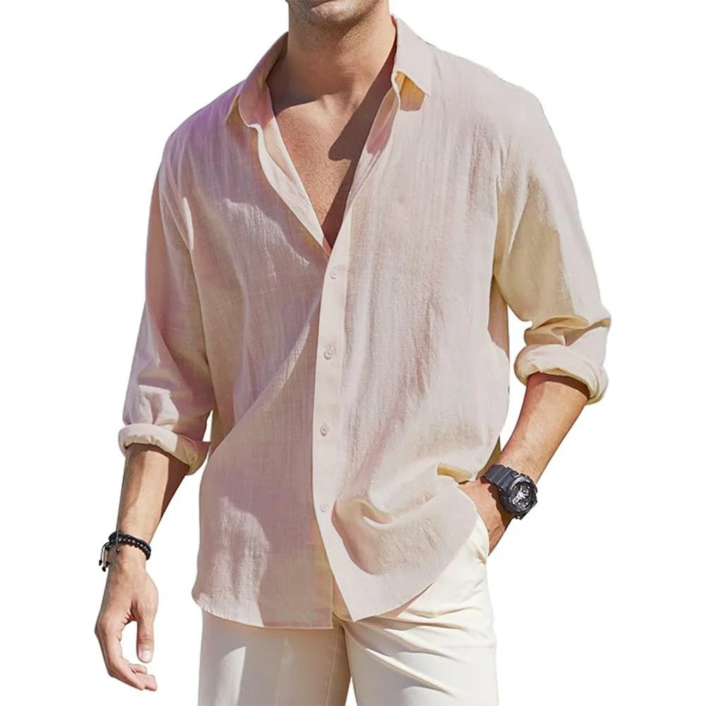 Men's Linen Cardigan Single-Breasted Lapel Long-Sleeved Shirt Fashion Casual Cotton and Linen Top