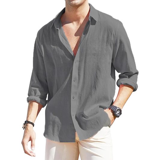 Men's Linen Cardigan Single-Breasted Lapel Long-Sleeved Shirt Fashion Casual Cotton and Linen Top