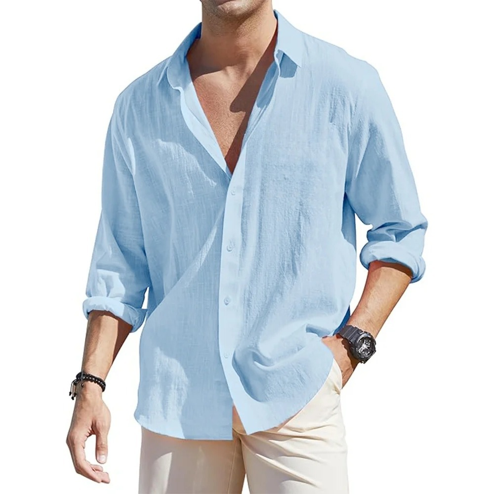 Men's Linen Cardigan Single-Breasted Lapel Long-Sleeved Shirt Fashion Casual Cotton and Linen Top