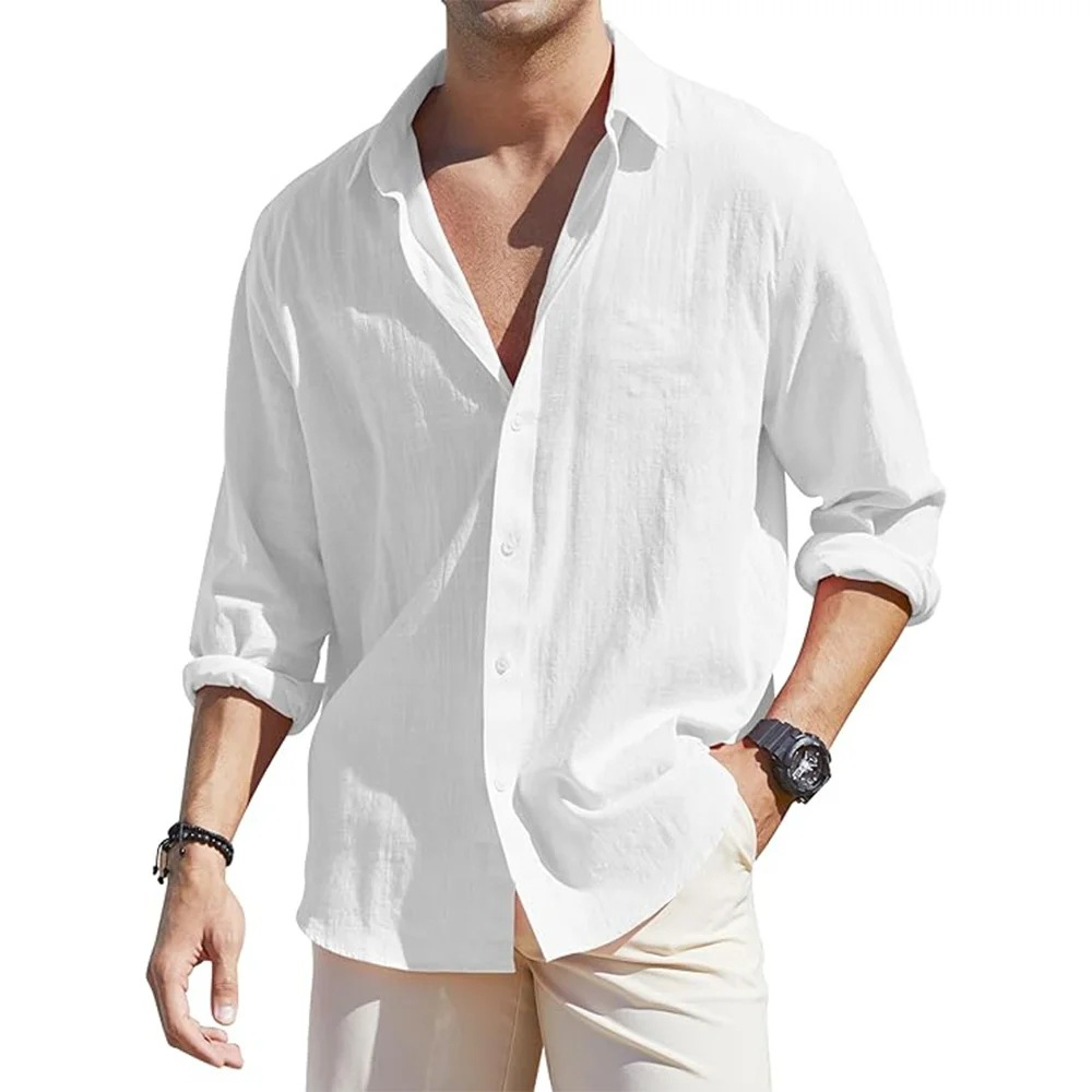 Men's Linen Cardigan Single-Breasted Lapel Long-Sleeved Shirt Fashion Casual Cotton and Linen Top