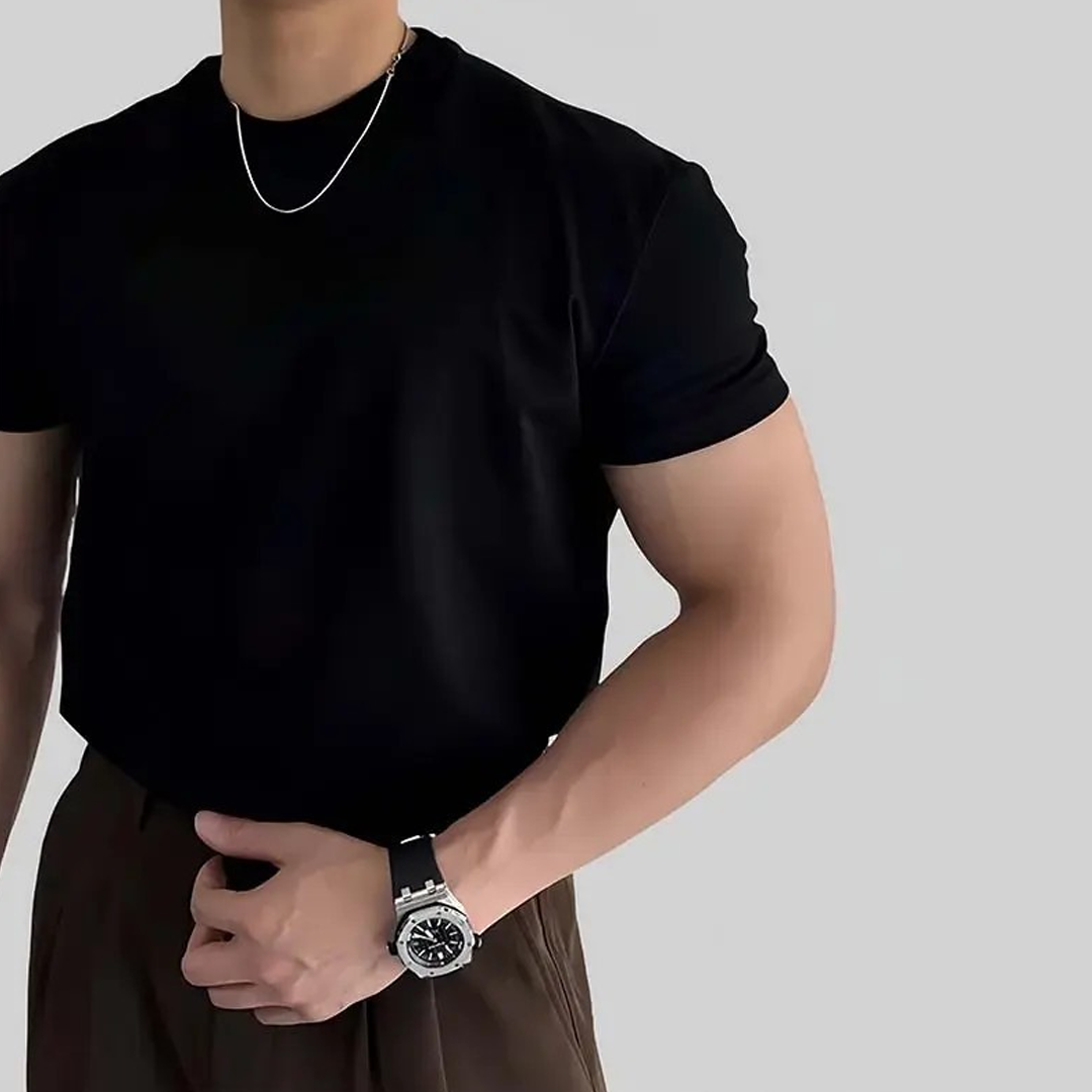 Men's Short-Sleeved Straight Shoulder Tops, Trendy Round Neck, Slim-Fit, Versatile Solid Color T-Shirt