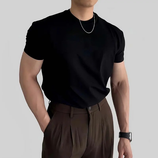 Men's Short-Sleeved Straight Shoulder Tops, Trendy Round Neck, Slim-Fit, Versatile Solid Color T-Shirt