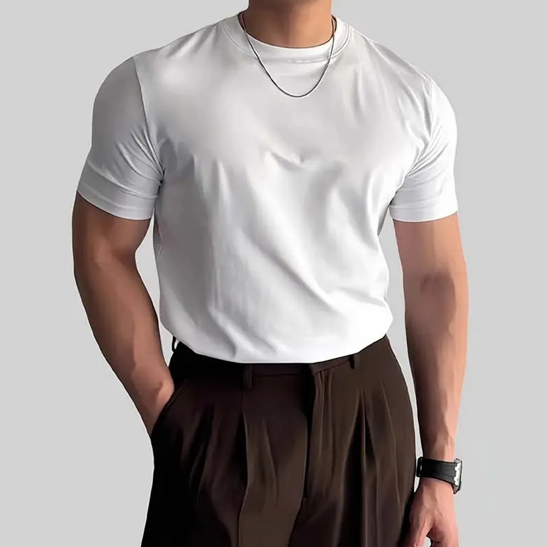 Men's Short-Sleeved Straight Shoulder Tops, Trendy Round Neck, Slim-Fit, Versatile Solid Color T-Shirt