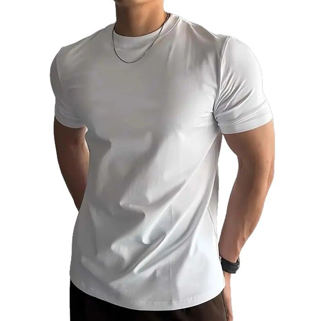 Men's Short-Sleeved Straight Shoulder Tops, Trendy Round Neck, Slim-Fit, Versatile Solid Color T-Shirt