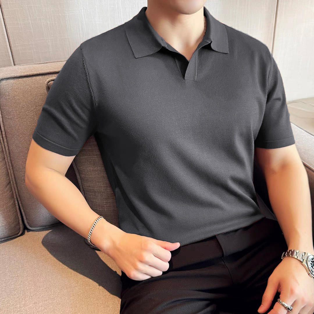Summer Men's Short-Sleeved Knitted Polo Shirt V-Neck