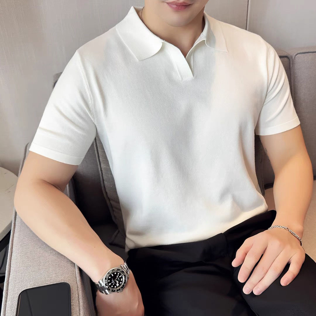 Summer Men's Short-Sleeved Knitted Polo Shirt V-Neck