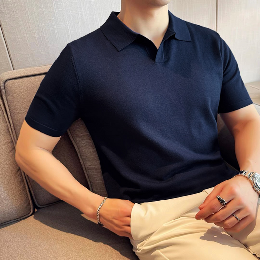 Summer Men's Short-Sleeved Knitted Polo Shirt V-Neck